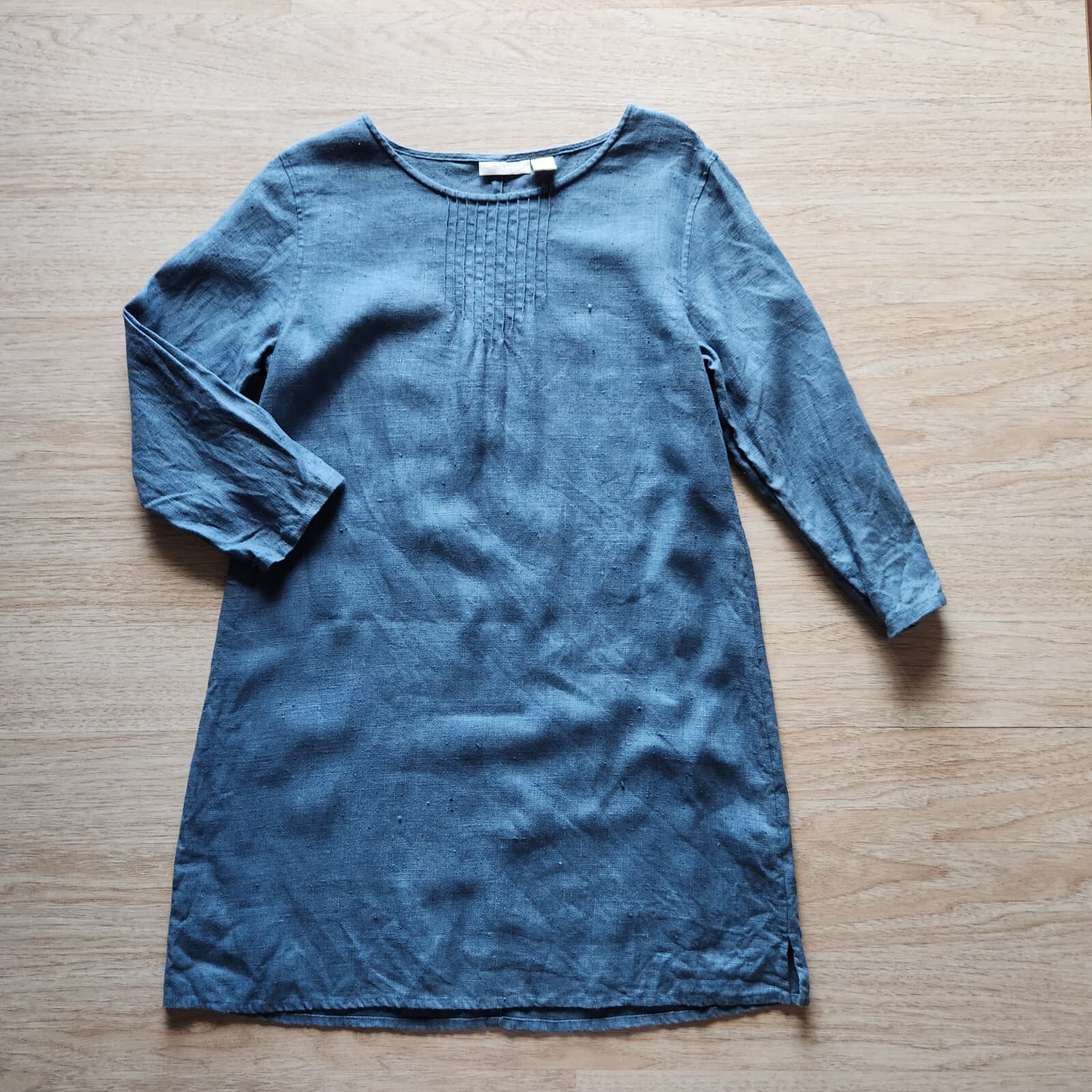 Vintage'90s J.Jill 100% Linen Pintuck Mini Shift Dress Long Sleeve Blue Sz.MP - Thumbnail 5