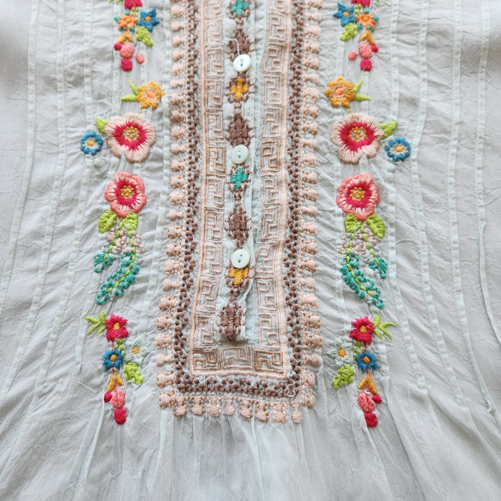 JOHNNY WAS Floral Embroidered Semi-Sheer Top Popover V-Neck 3/4 Sleeve Green S - Thumbnail 8