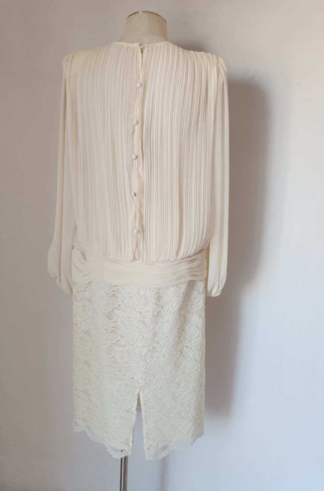 Vintage Miss Elliette Lace Chiffon Pleated Formal Evening Midi Dress Ivory Sz.12 - Thumbnail 7