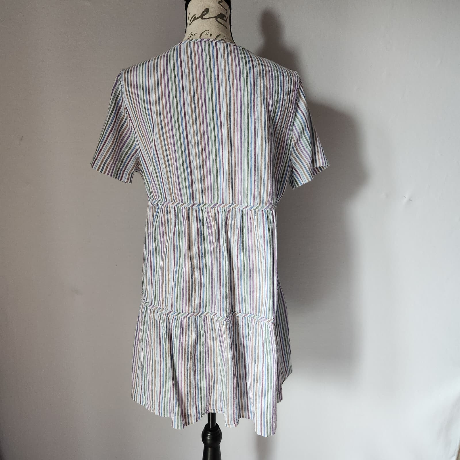 Madewell Striped Crewneck Button Front Tiered Mini Dress Multicolor Cotton Sz.L - Thumbnail 6