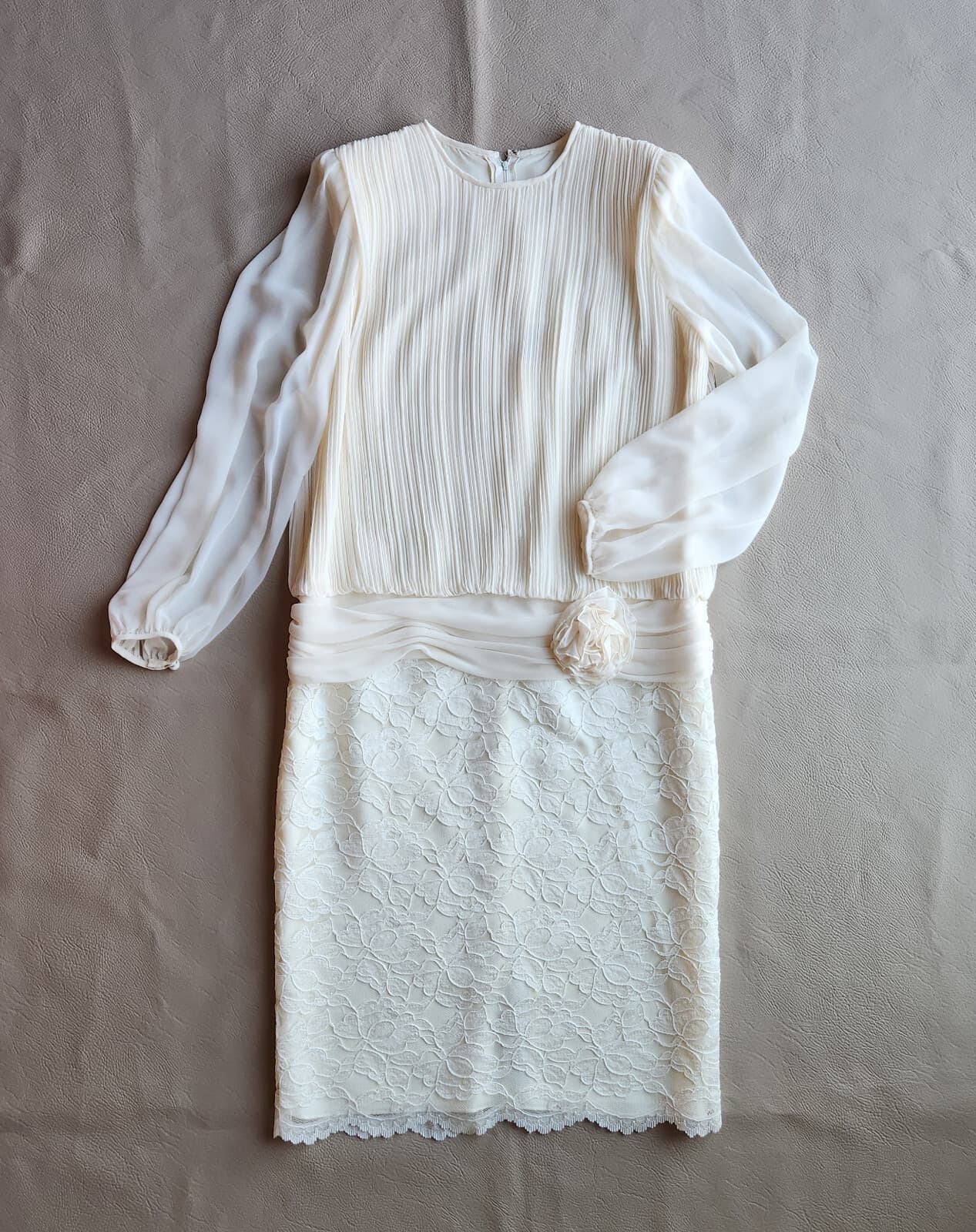 Vintage Miss Elliette Lace Chiffon Pleated Formal Evening Midi Dress Ivory Sz.12 - Thumbnail 3
