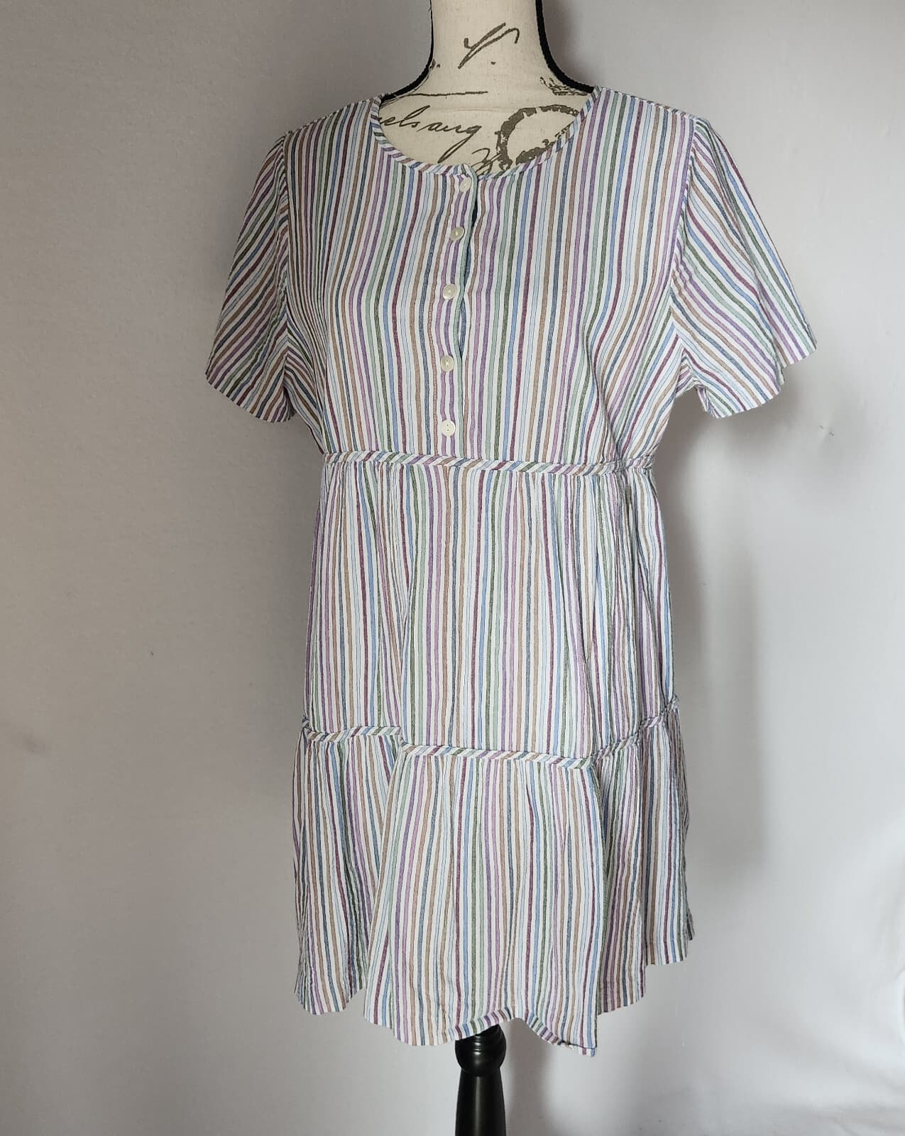 Madewell Striped Crewneck Button Front Tiered Mini Dress Multicolor Cotton Sz.L - Thumbnail 2