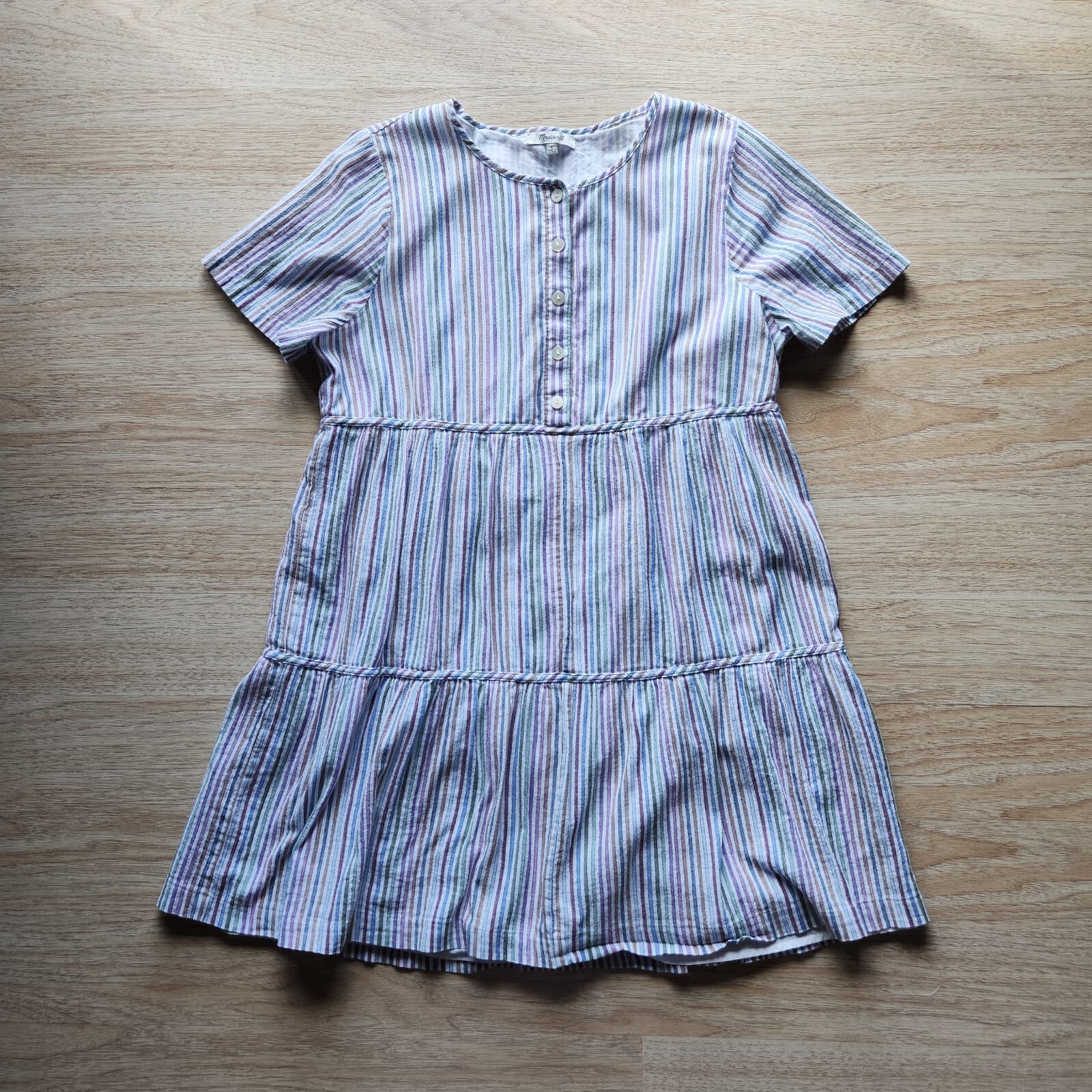 Madewell Striped Crewneck Button Front Tiered Mini Dress Multicolor Cotton Sz.L - Thumbnail 7