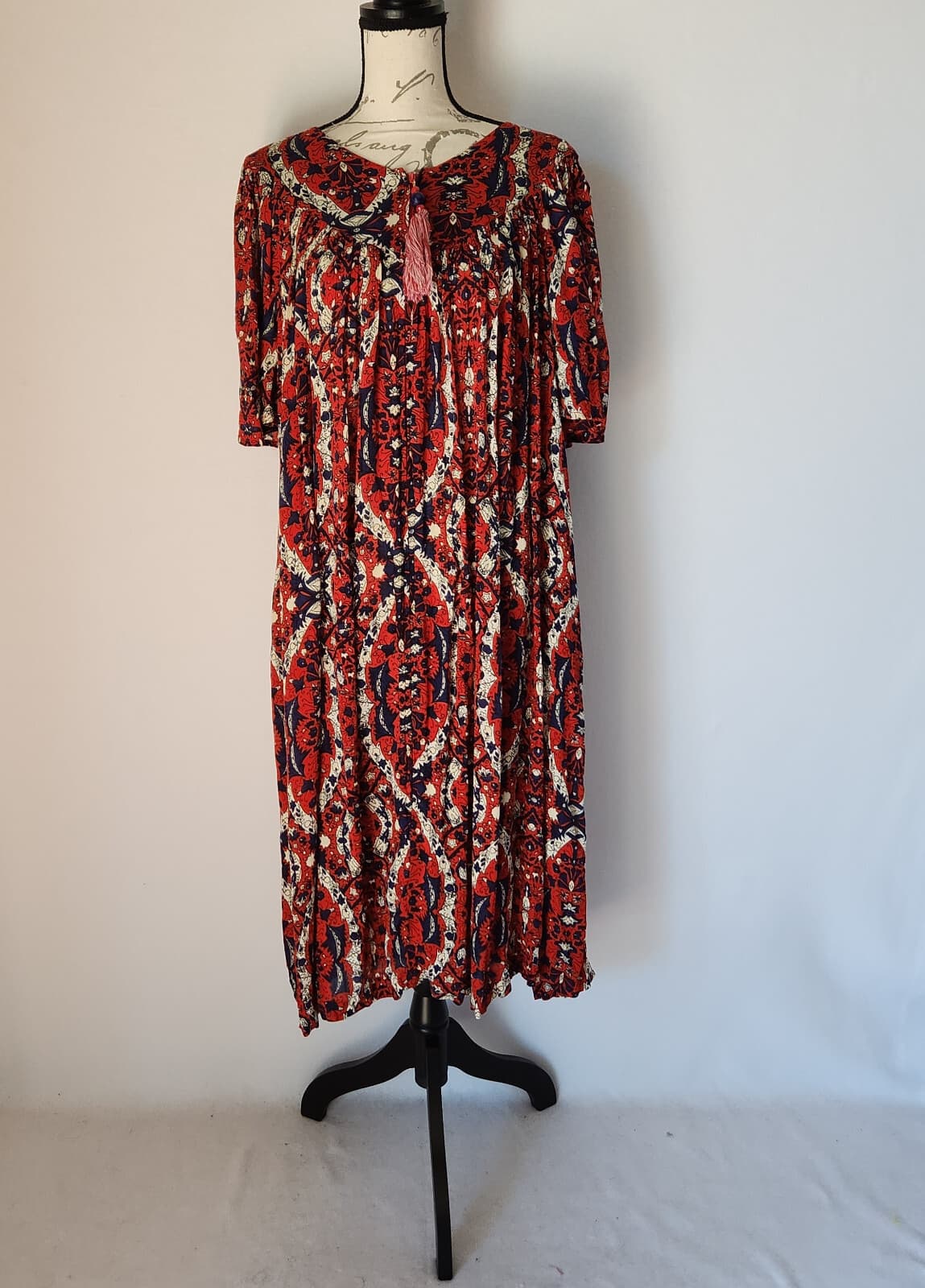Go Softly Patio Muumuu Dress Short Sleeve Zip Tassel Pocket Crinkle Red Women M - Thumbnail 2