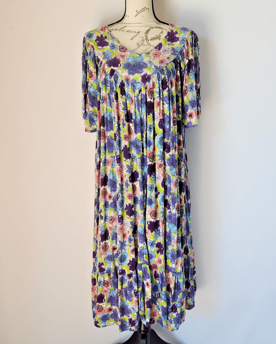 Go Softly Patio Floral Muumuu Dress Short Sleeve Pocket Crinkle Rayon Women's M - Thumbnail 2