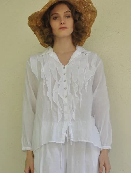 NWT JP And Mattie $128 Alexie Ruffle Button-Up Shirt Long Sleeve Cotton White P - Thumbnail 3
