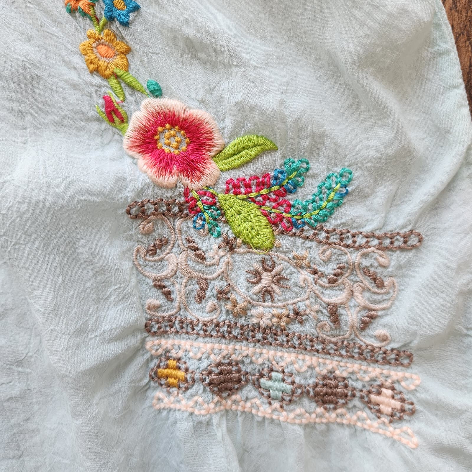 JOHNNY WAS Floral Embroidered Semi-Sheer Top Popover V-Neck 3/4 Sleeve Green S - Thumbnail 9