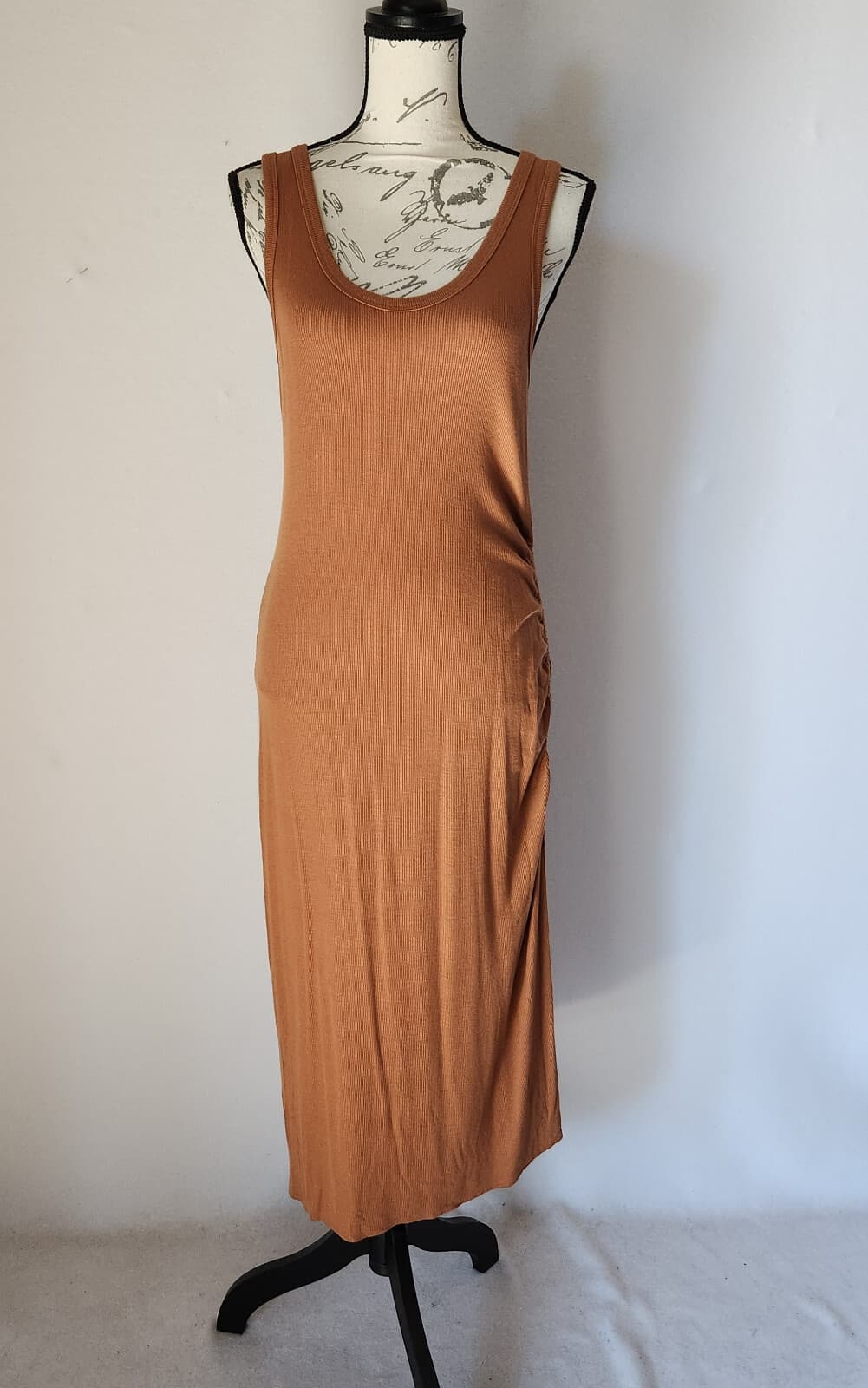 NWoT J.Crew Side-Ruched Ribbed-Knit Midi Tank Dress Scoop Neck Tencel Brown Sz.L - Thumbnail 6