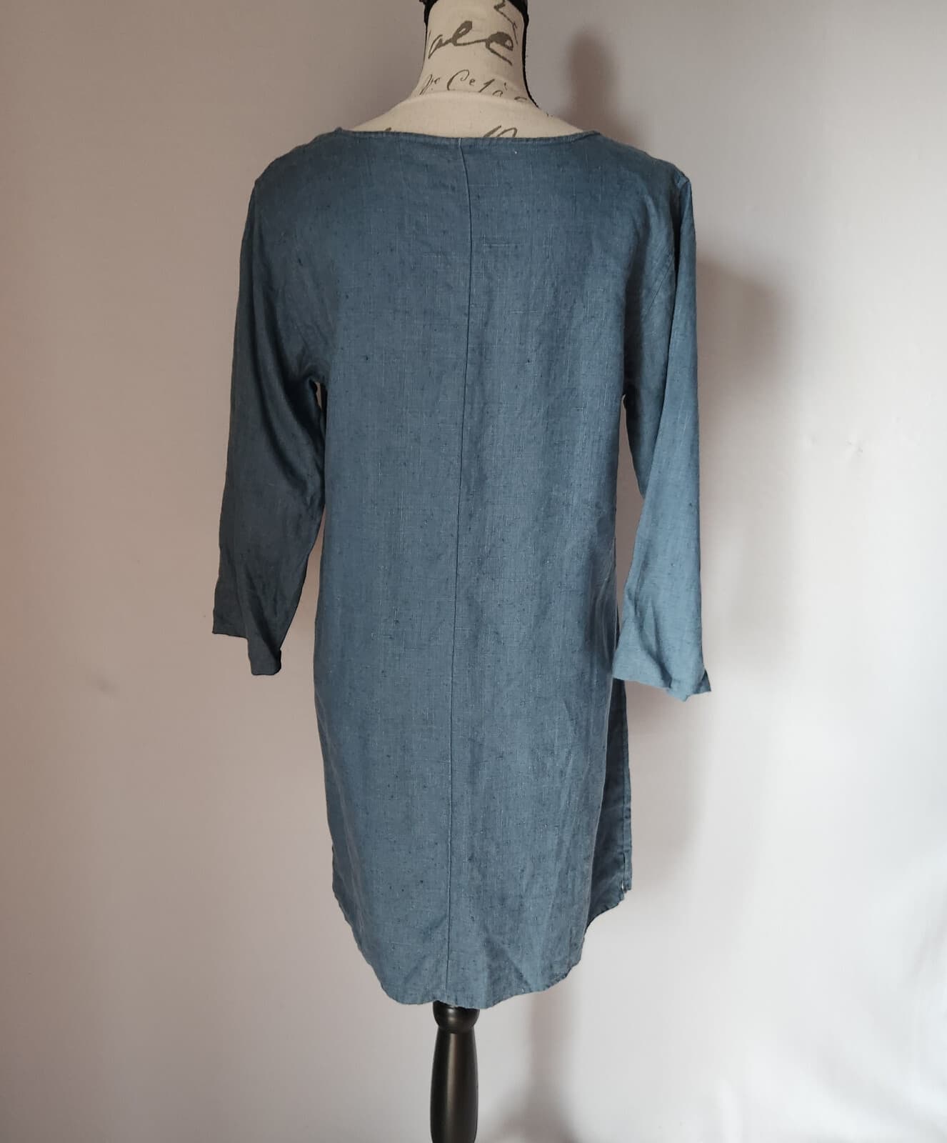 Vintage'90s J.Jill 100% Linen Pintuck Mini Shift Dress Long Sleeve Blue Sz.MP - Thumbnail 4