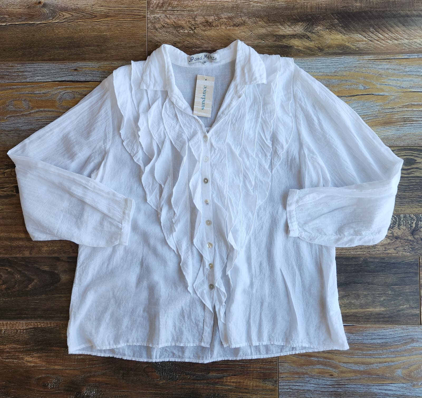 NWT JP And Mattie $128 Alexie Ruffle Button-Up Shirt Long Sleeve Cotton White P - Thumbnail 2