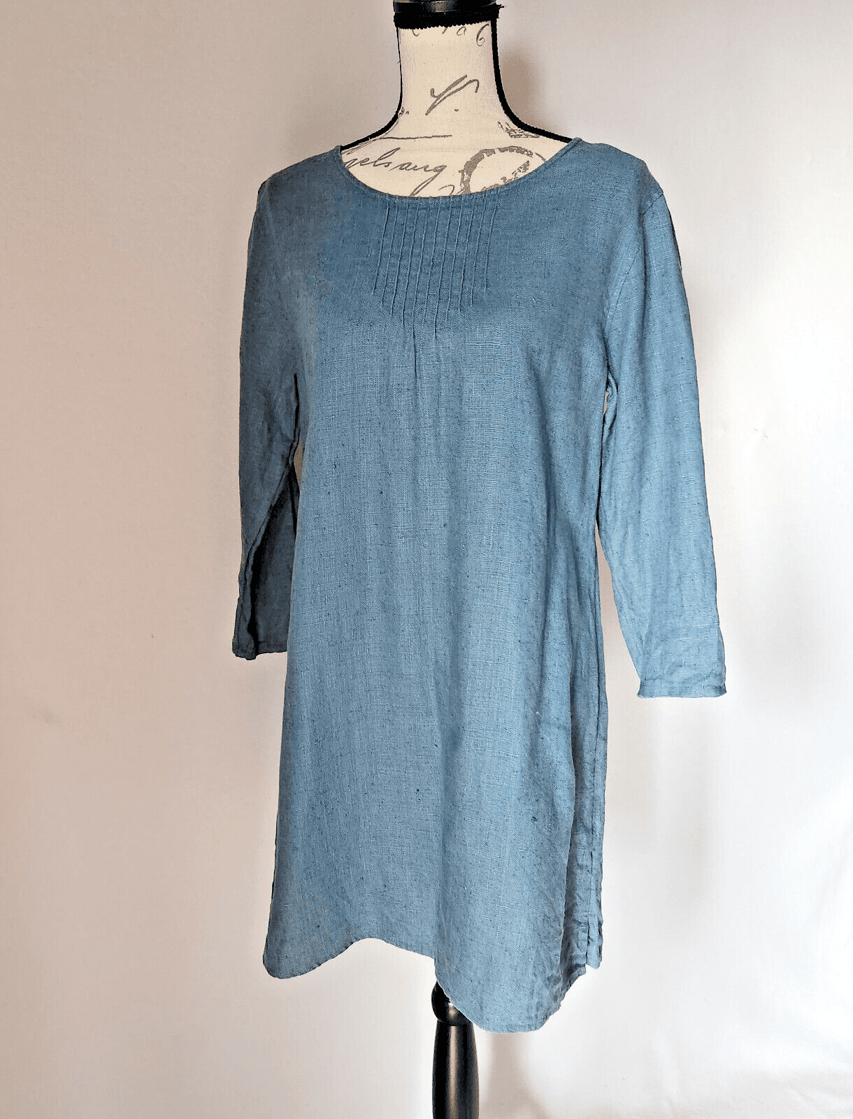 Vintage'90s J.Jill 100% Linen Pintuck Mini Shift Dress Long Sleeve Blue Sz.MP - Thumbnail 2