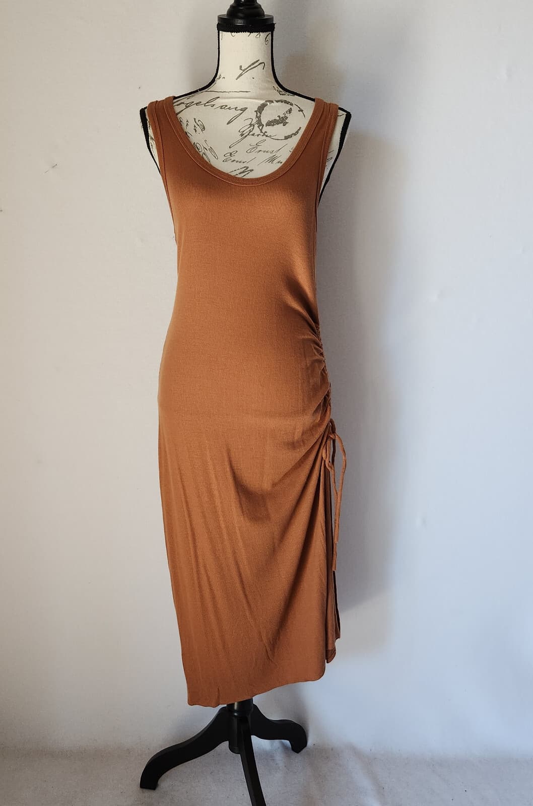 NWoT J.Crew Side-Ruched Ribbed-Knit Midi Tank Dress Scoop Neck Tencel Brown Sz.L - Thumbnail 3