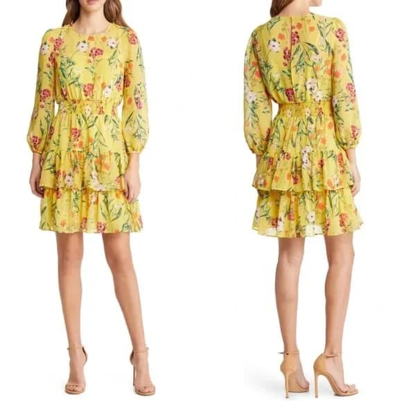 NWT Eliza J Floral Chiffon Jewel Neck Tiered Ruffle Dress Smock-Waist Sz.18 $148 - Thumbnail 2