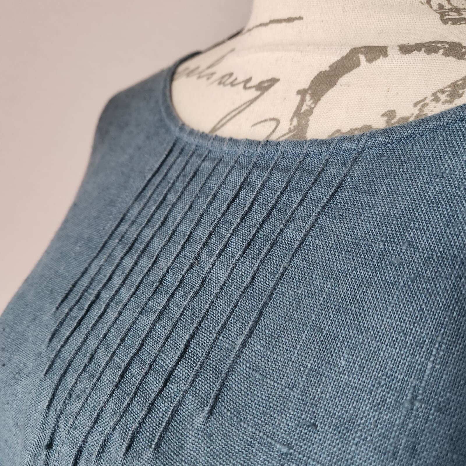 Vintage'90s J.Jill 100% Linen Pintuck Mini Shift Dress Long Sleeve Blue Sz.MP - Thumbnail 3