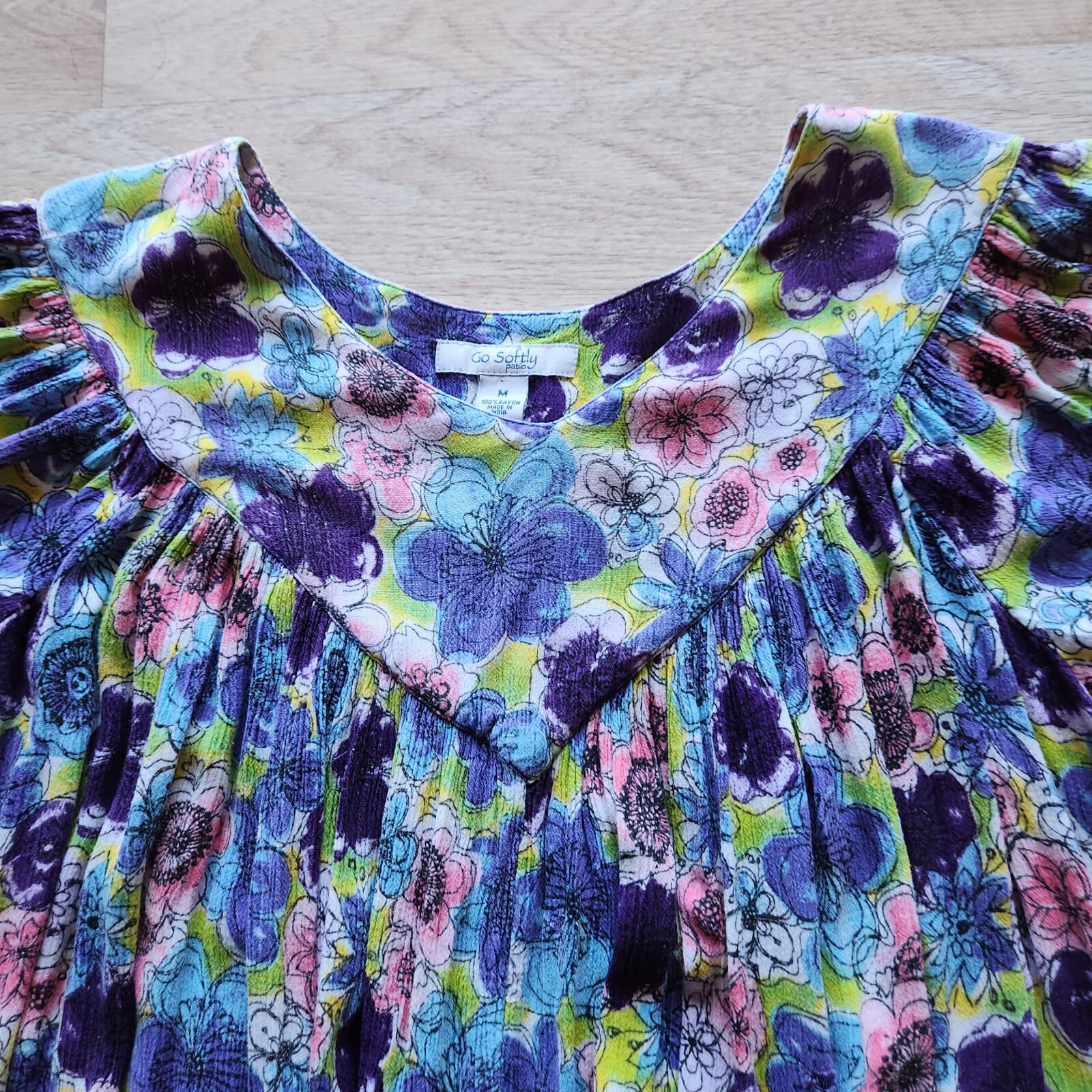 Go Softly Patio Floral Muumuu Dress Short Sleeve Pocket Crinkle Rayon Women's M - Thumbnail 7