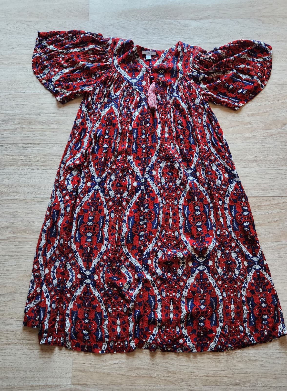 Go Softly Patio Muumuu Dress Short Sleeve Zip Tassel Pocket Crinkle Red Women M - Thumbnail 5