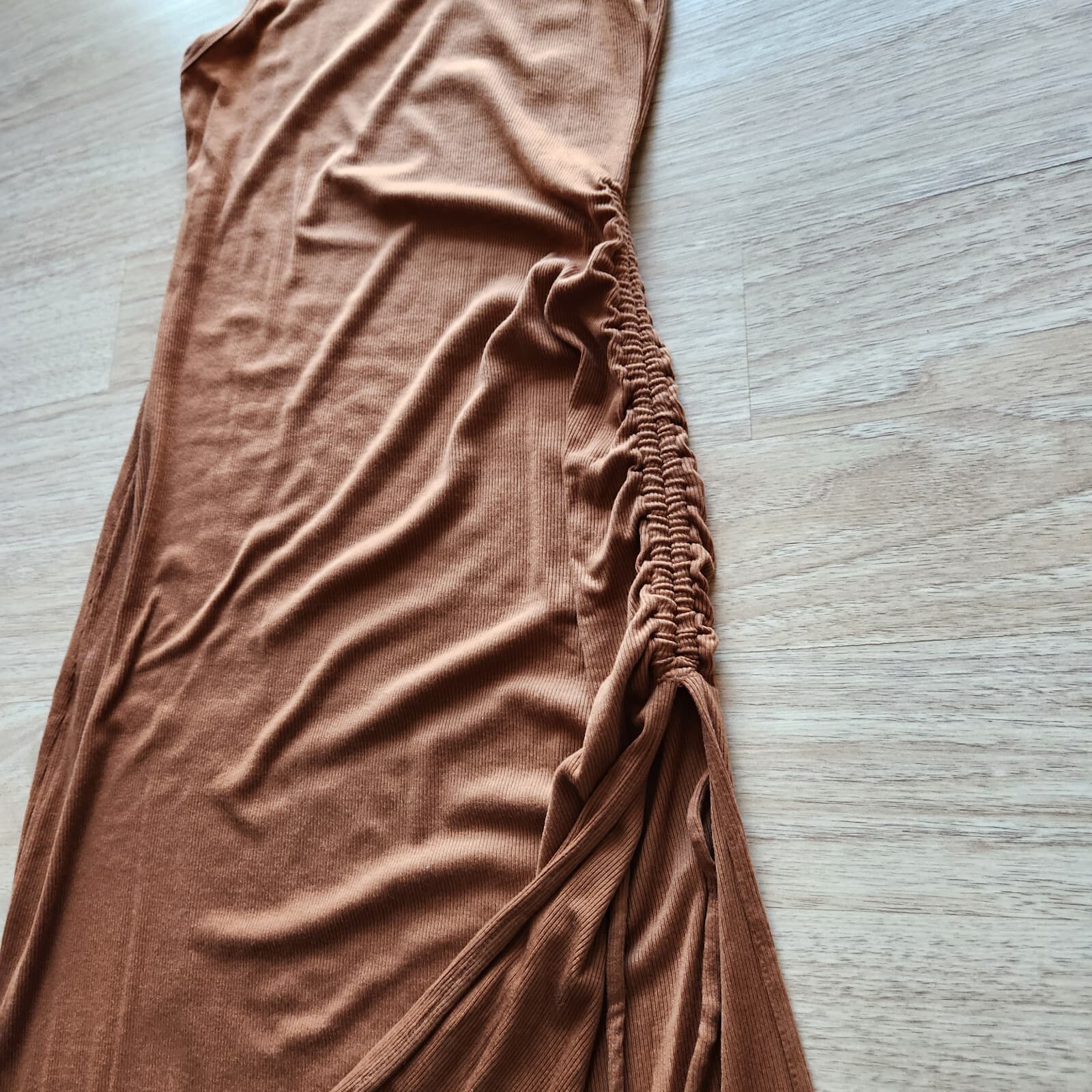 NWoT J.Crew Side-Ruched Ribbed-Knit Midi Tank Dress Scoop Neck Tencel Brown Sz.L - Thumbnail 8