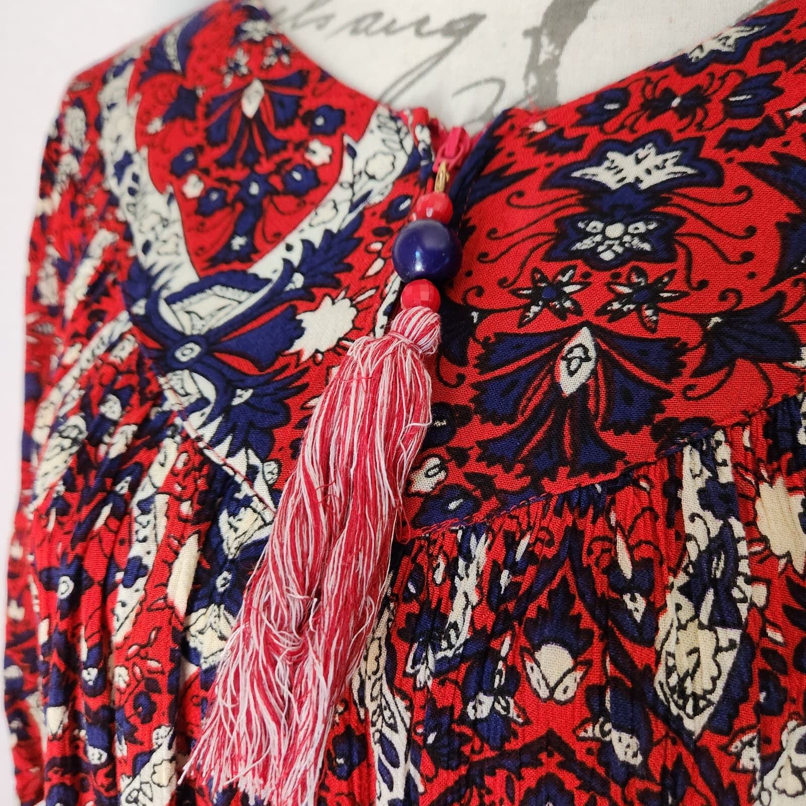 Go Softly Patio Muumuu Dress Short Sleeve Zip Tassel Pocket Crinkle Red Women M - Thumbnail 3