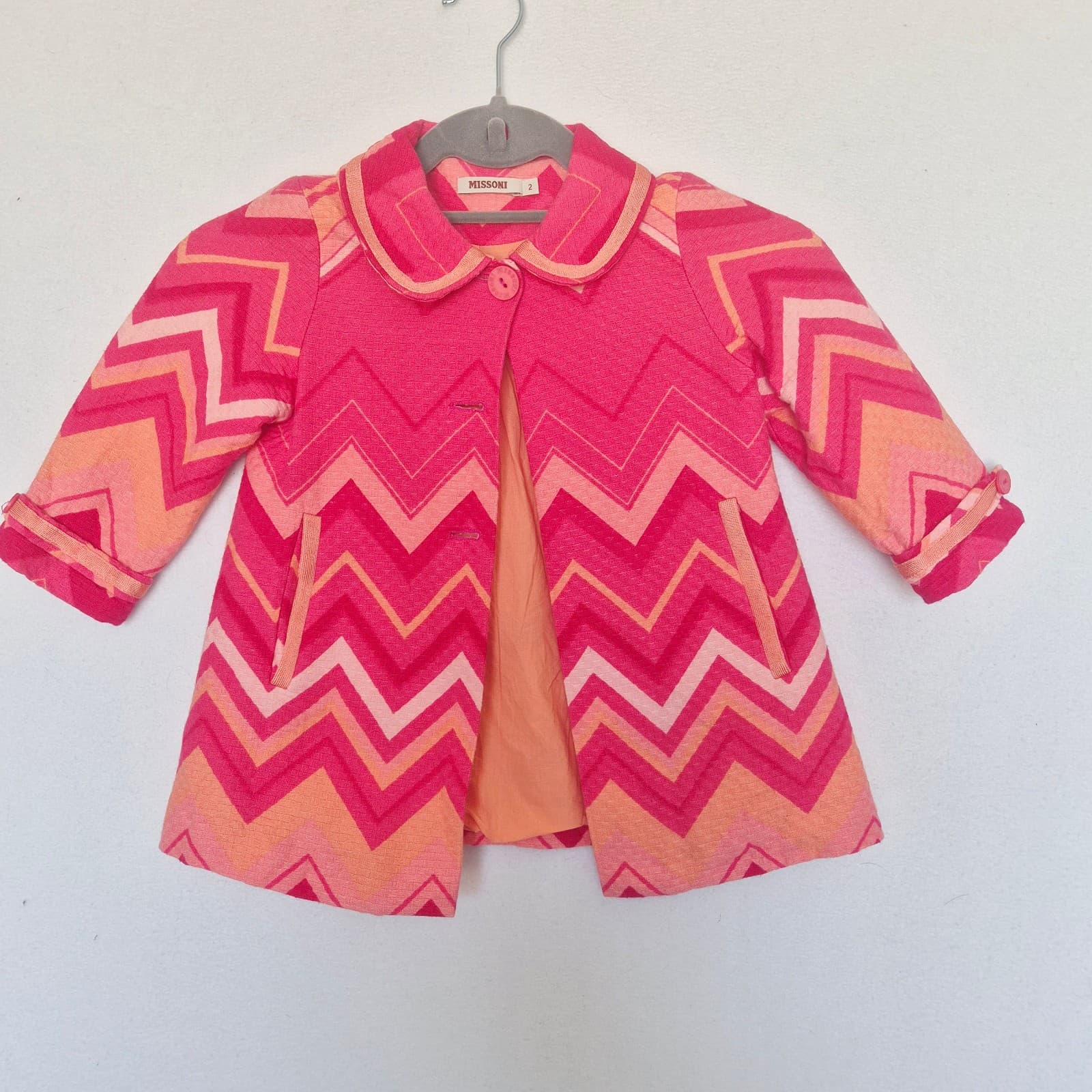 MISSONI Chevron Jacket Button Lined Pocket Cotton Blend Pink Orange Girls 2 Year - Thumbnail 3