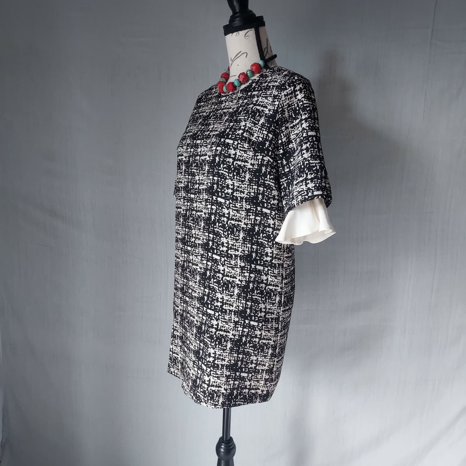 McGINN Tunic Shift Dress Ruffle Short Sleeve Zip Lined Black-Cream Women Sz.36 - Thumbnail 3