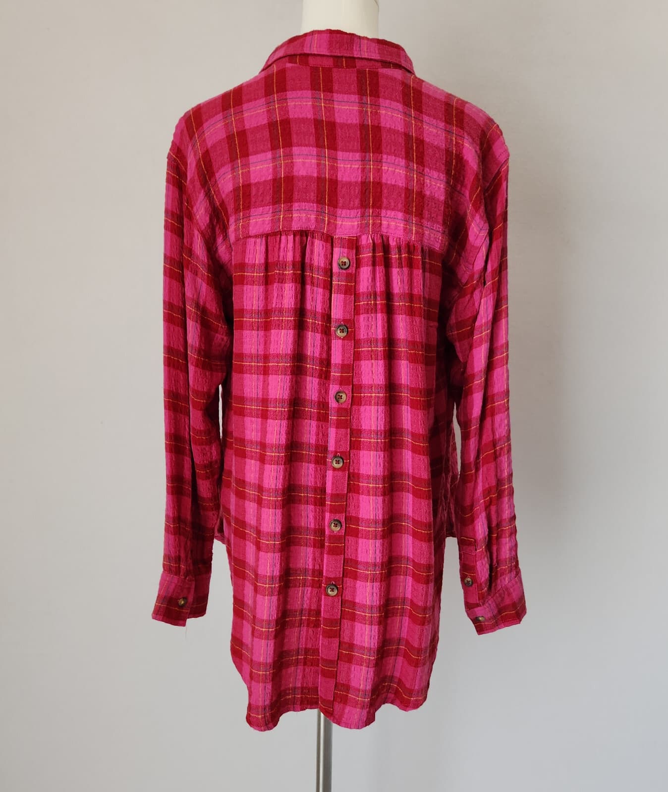 Anthropologie Isadora Plaid Flannel Crinkle Popover Shirt Long Sleeve Pink Sz.S - Thumbnail 7