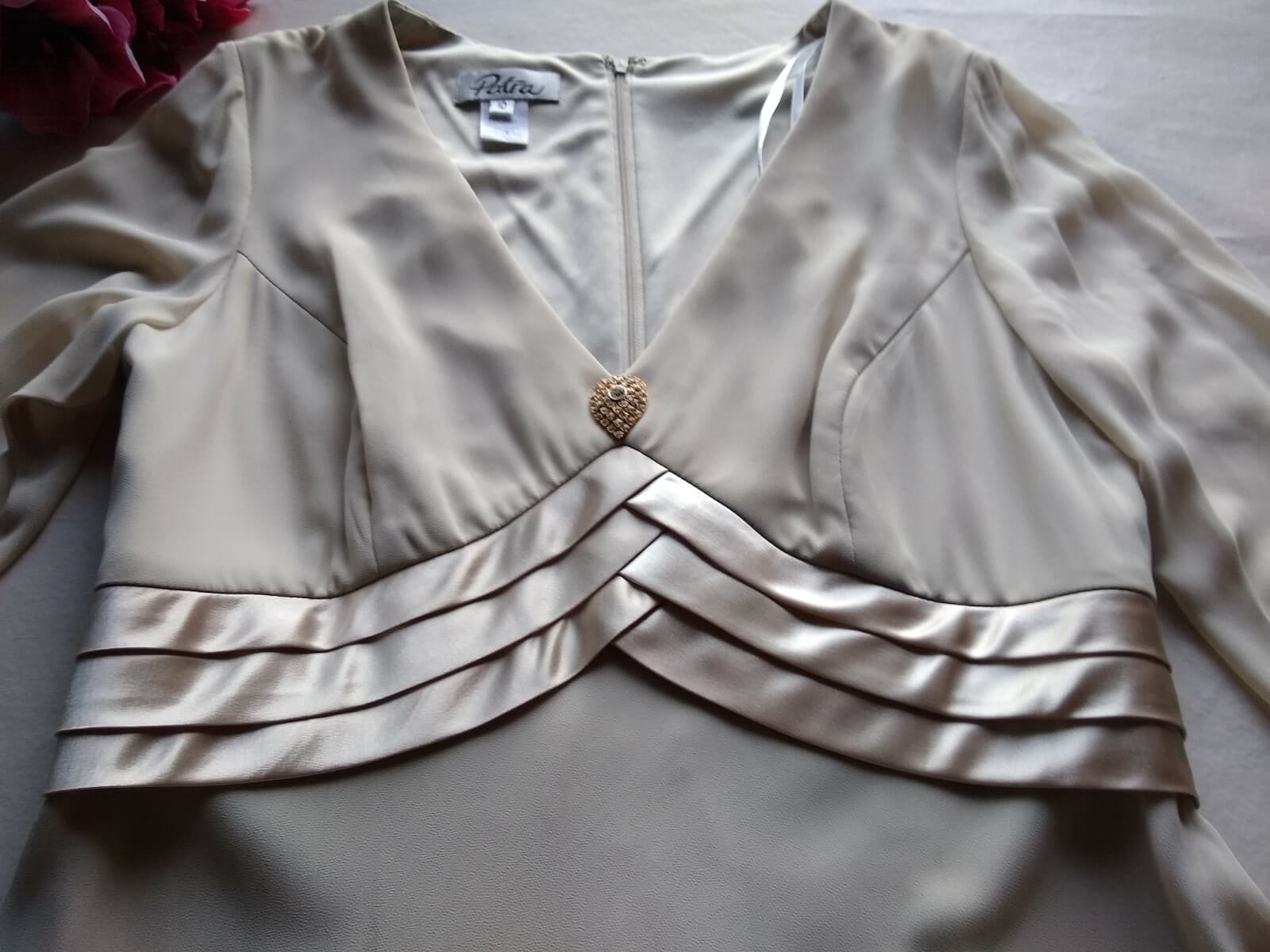 Patra NWT Chiffon Event Party Maxi Dress Long Sleeves V-neck Lined Beige 10 $150 - Thumbnail 5