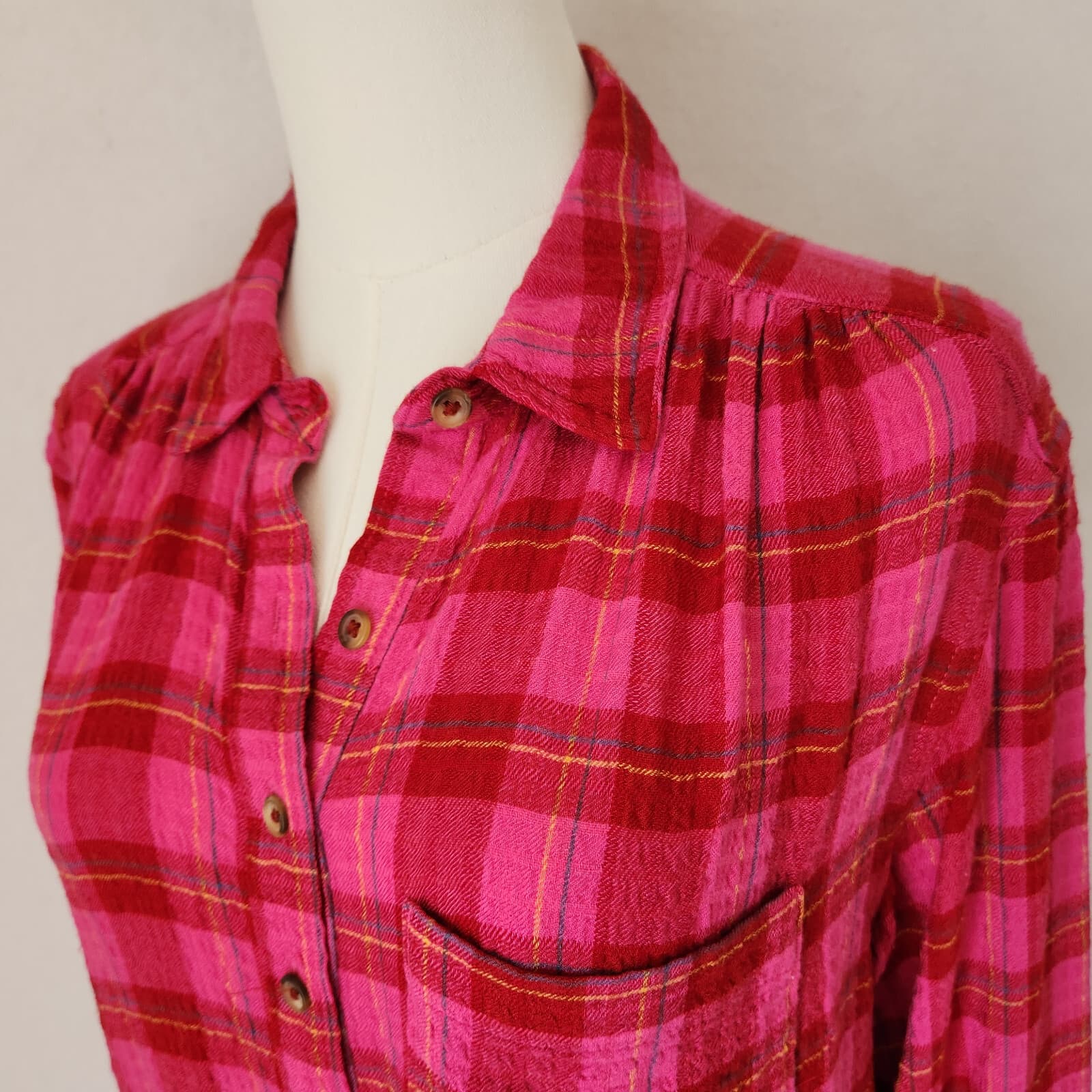 Anthropologie Isadora Plaid Flannel Crinkle Popover Shirt Long Sleeve Pink Sz.S - Thumbnail 4