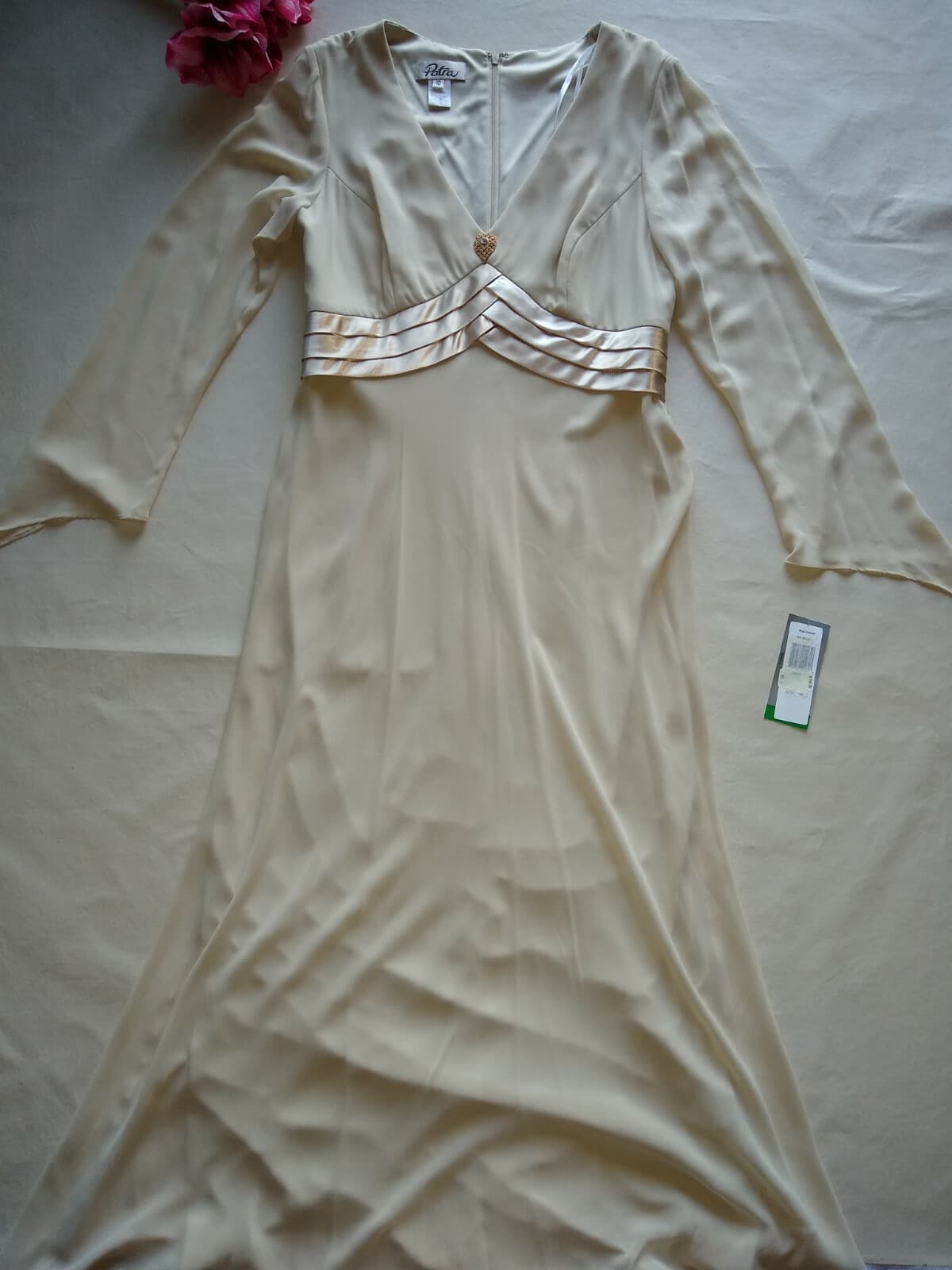 Patra NWT Chiffon Event Party Maxi Dress Long Sleeves V-neck Lined Beige 10 $150 - Thumbnail 7