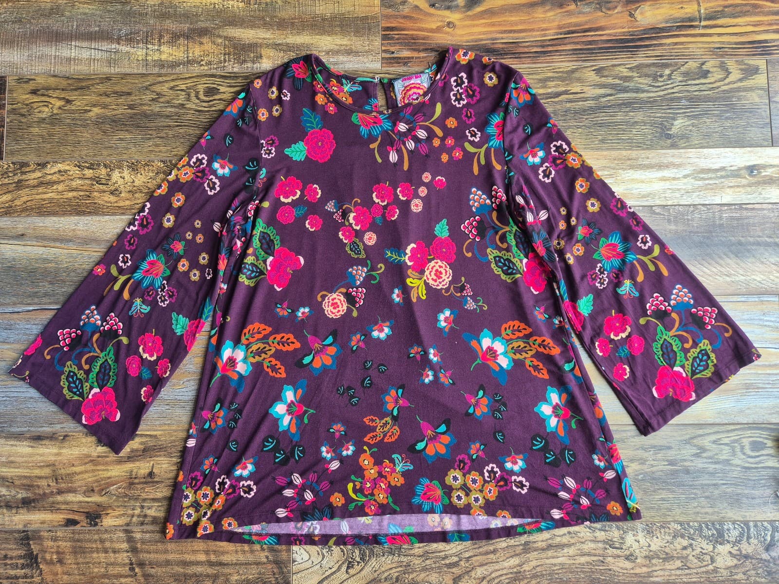 Johnny Was Adrina High Neck Swing Tunic Top Long Bell Sleeve Knit Burgundy Sz.L - Thumbnail 8