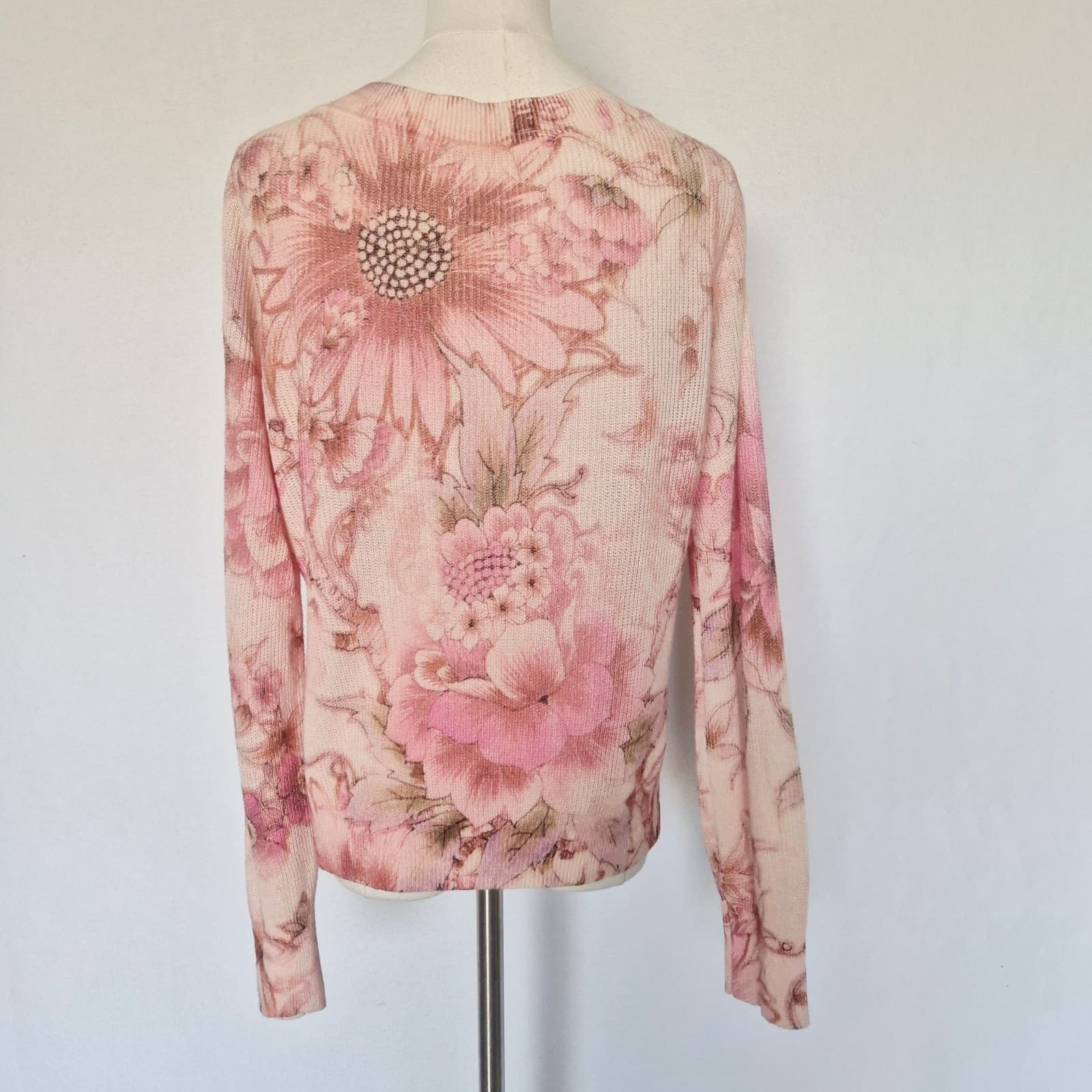 Anthropologie The Dreamer Printed Linen Blend V-Neck Sweater Pink Oversize XS - Thumbnail 8