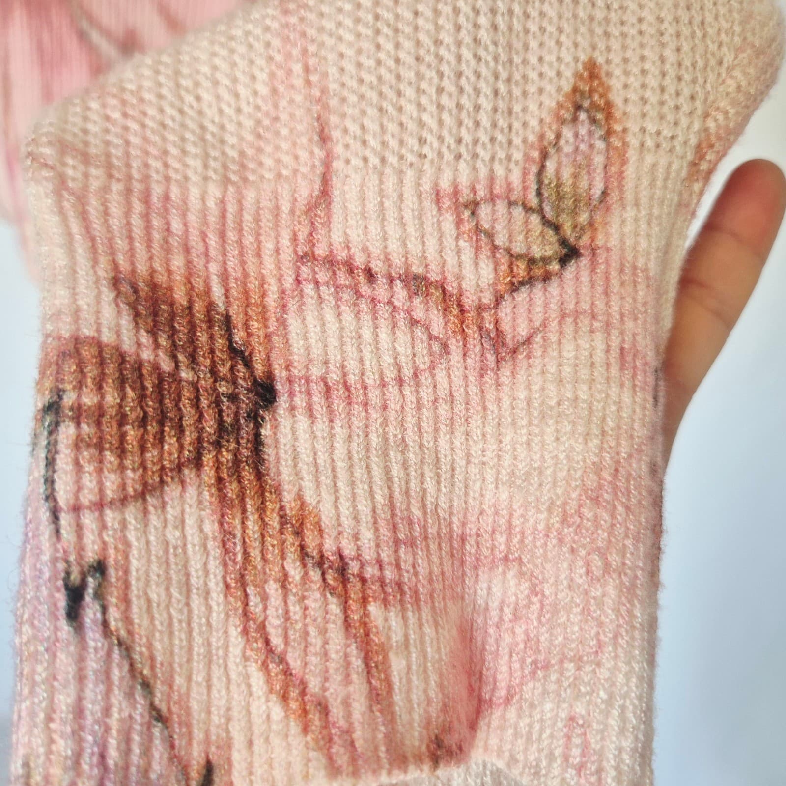 Anthropologie The Dreamer Printed Linen Blend V-Neck Sweater Pink Oversize XS - Thumbnail 9