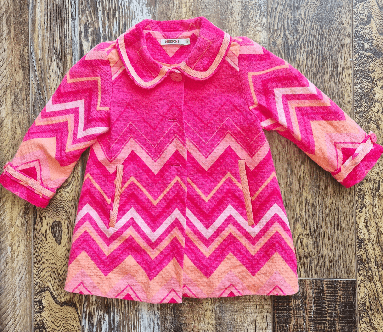 MISSONI Chevron Jacket Button Lined Pocket Cotton Blend Pink Orange Girls 2 Year - Thumbnail 2