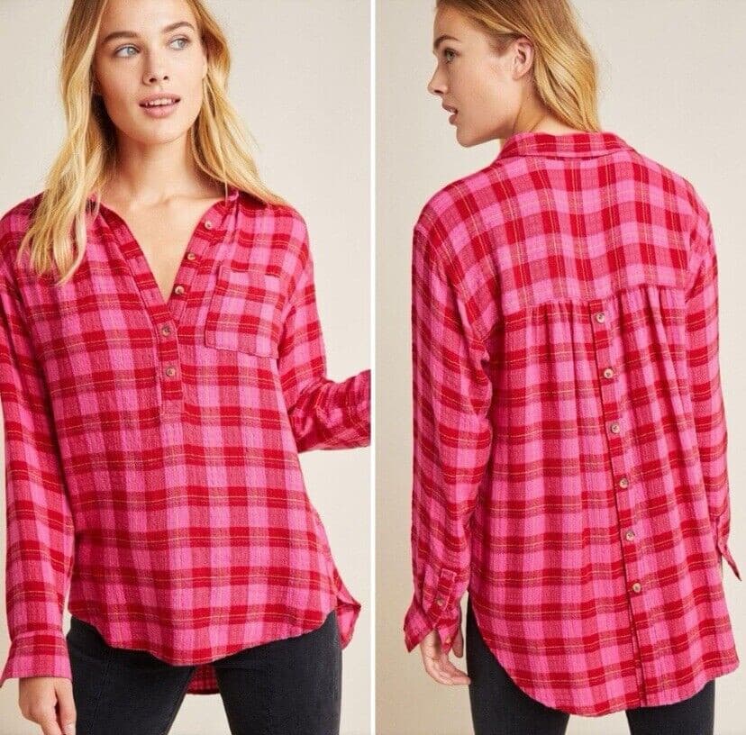 Anthropologie Isadora Plaid Flannel Crinkle Popover Shirt Long Sleeve Pink Sz.S - Thumbnail 2