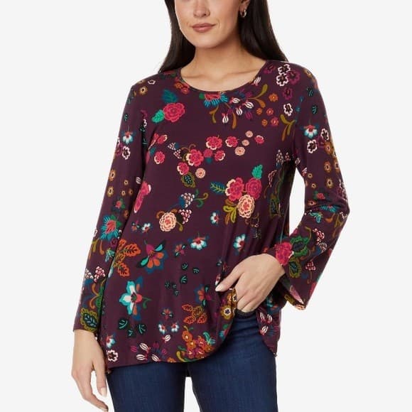 Johnny Was Adrina High Neck Swing Tunic Top Long Bell Sleeve Knit Burgundy Sz.L - Thumbnail 4