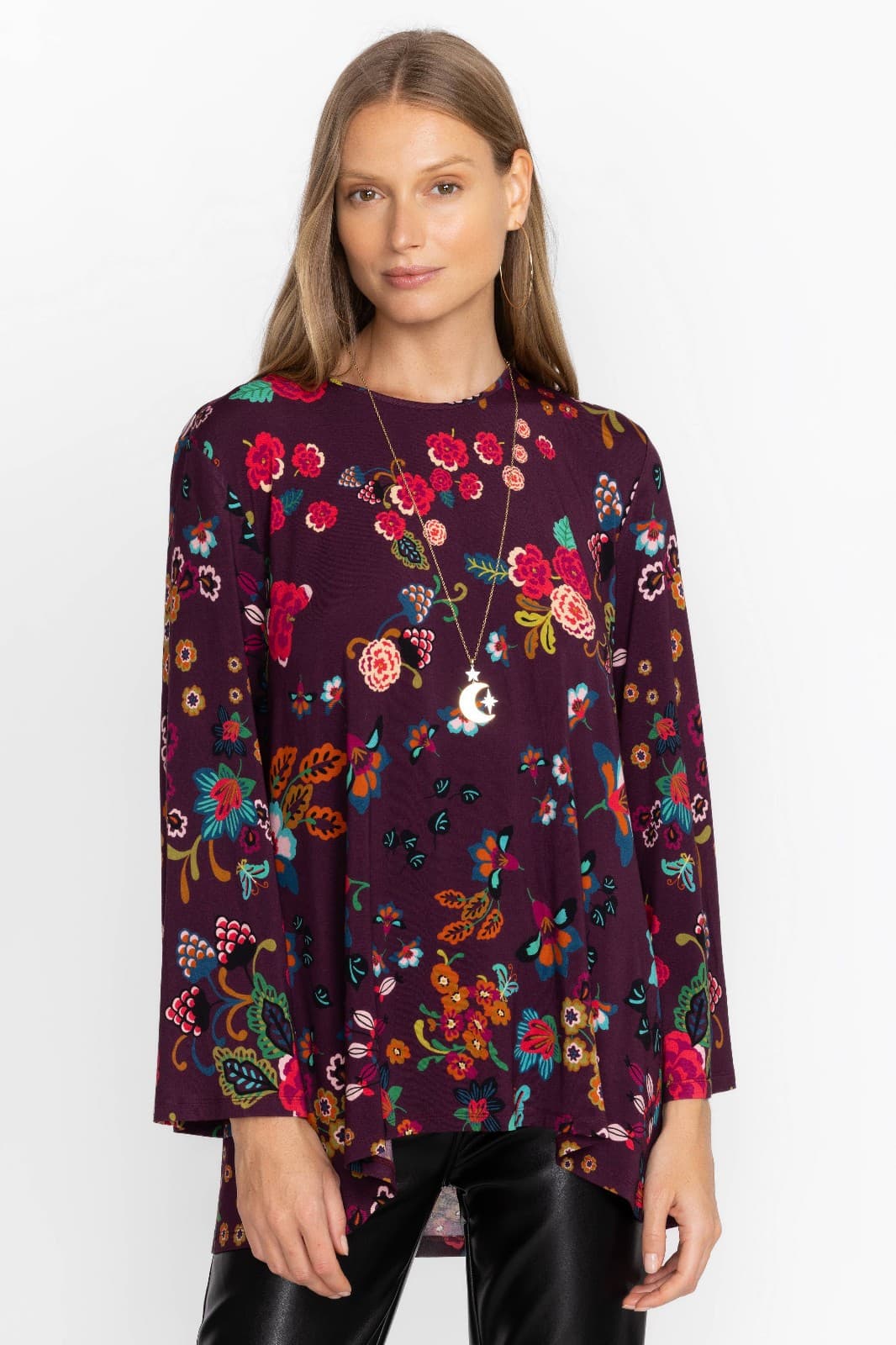 Johnny Was Adrina High Neck Swing Tunic Top Long Bell Sleeve Knit Burgundy Sz.L - Thumbnail 2