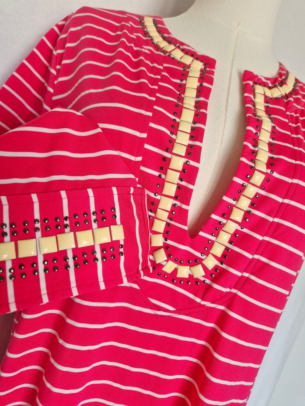 ST. JOHN Silk Blend Studded Beaded Jersey Tunic Top Long Sleeve Stripe Pink Sz.M - Thumbnail 4