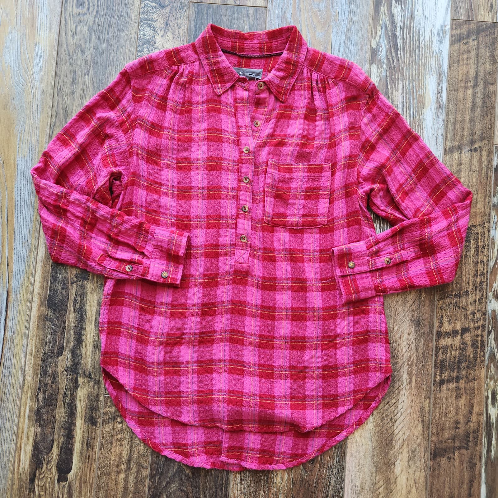 Anthropologie Isadora Plaid Flannel Crinkle Popover Shirt Long Sleeve Pink Sz.S - Thumbnail 5