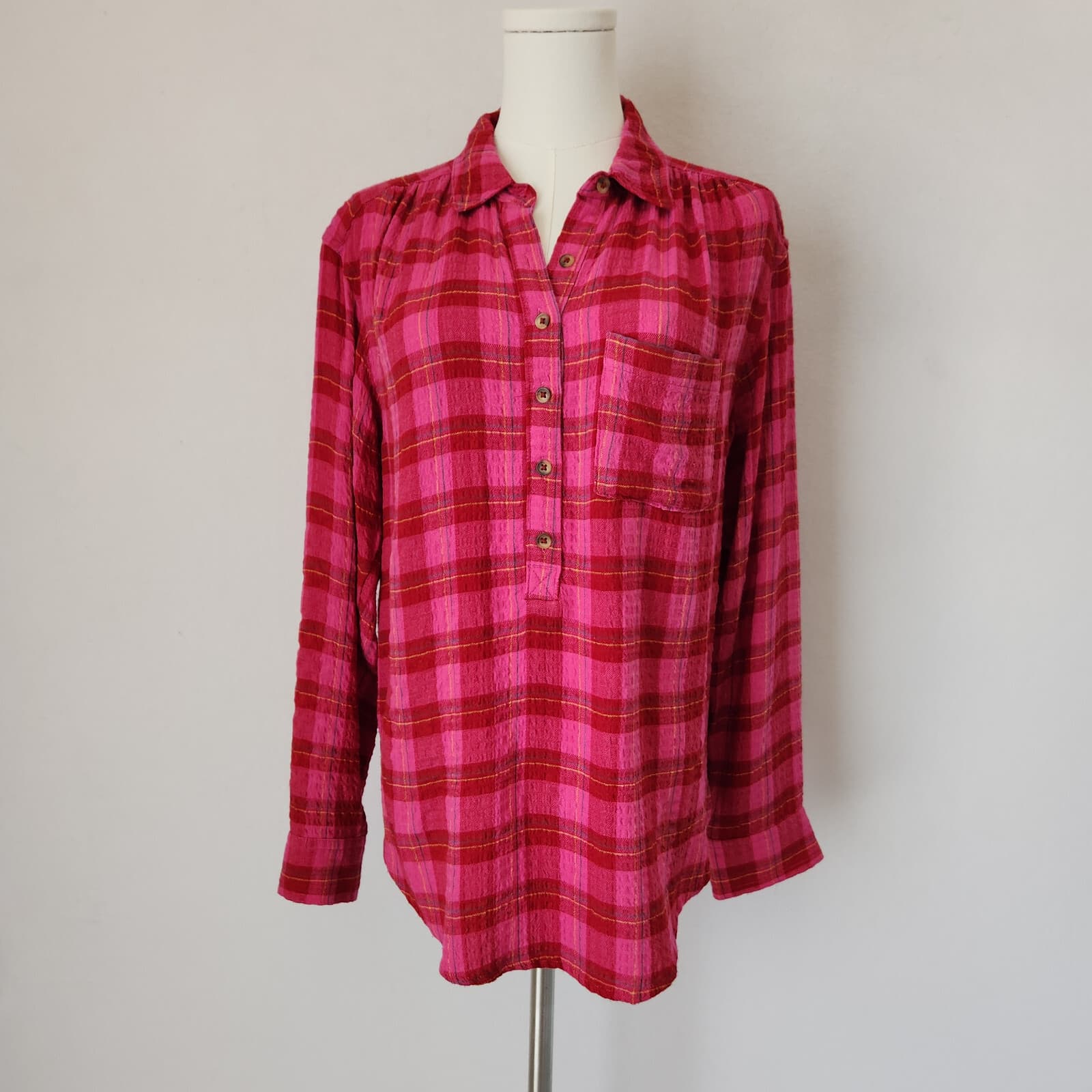 Anthropologie Isadora Plaid Flannel Crinkle Popover Shirt Long Sleeve Pink Sz.S - Thumbnail 3