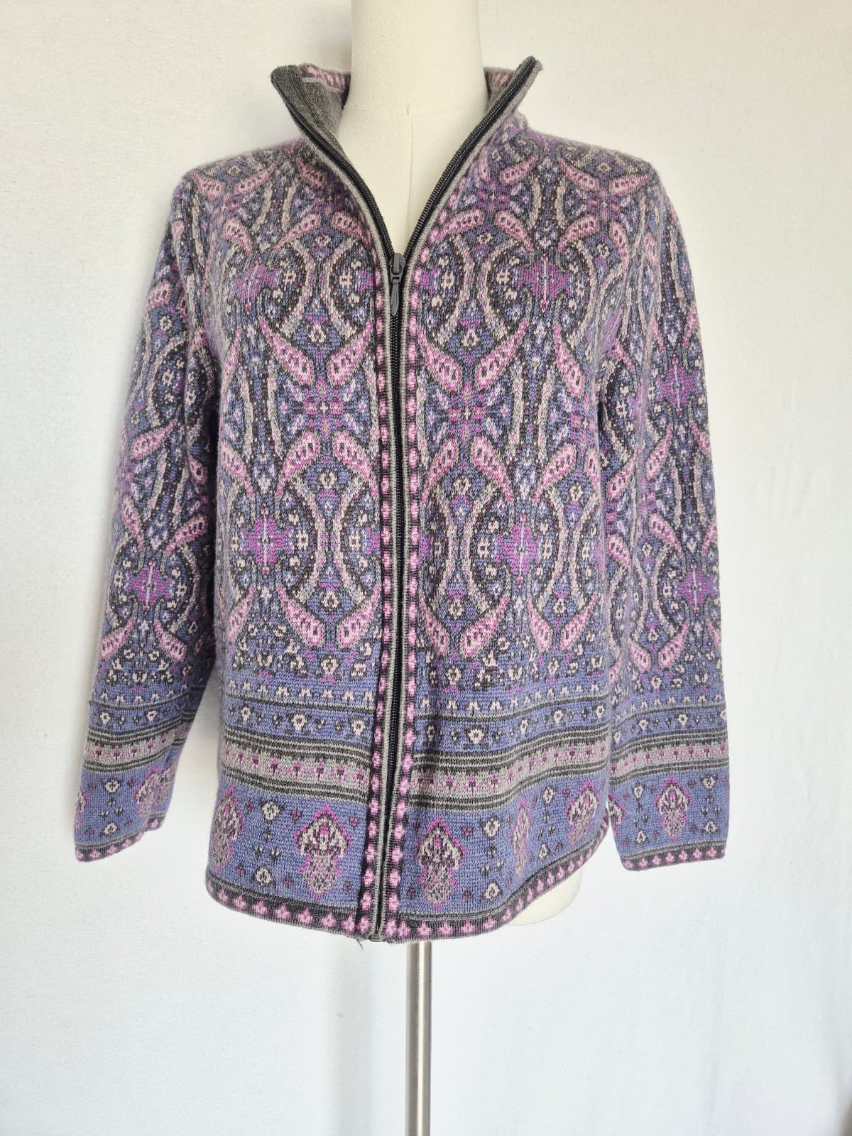 Pendelton Merino Wool Paisley Fair Isle Zip Cardigan Mock Neck Purple Women's L - Thumbnail 3