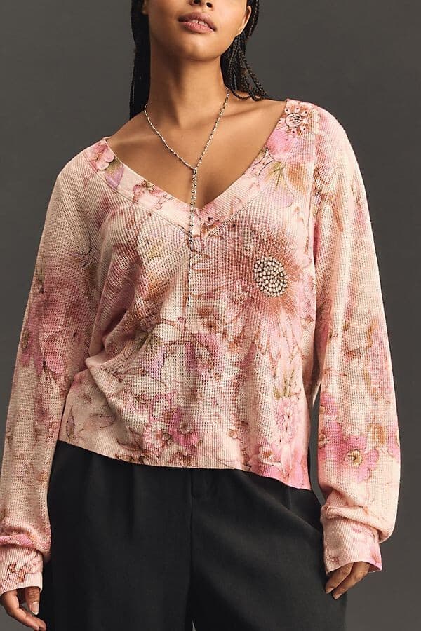 Anthropologie The Dreamer Printed Linen Blend V-Neck Sweater Pink Oversize XS - Thumbnail 2