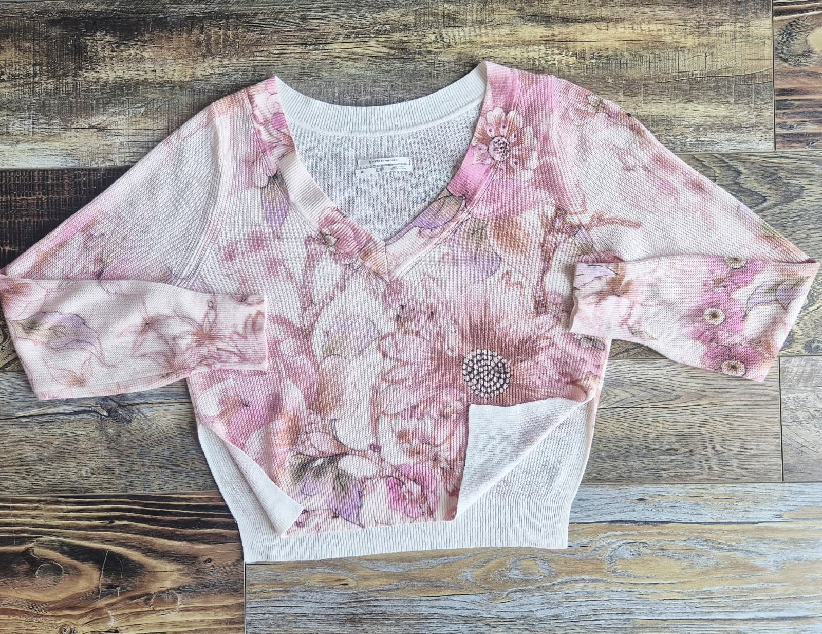 Anthropologie The Dreamer Printed Linen Blend V-Neck Sweater Pink Oversize XS - Thumbnail 6