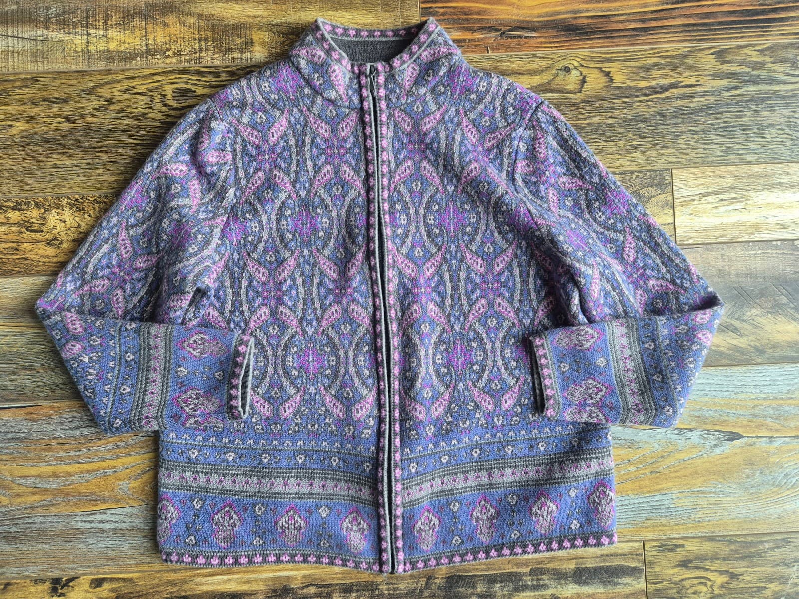 Pendelton Merino Wool Paisley Fair Isle Zip Cardigan Mock Neck Purple Women's L - Thumbnail 9