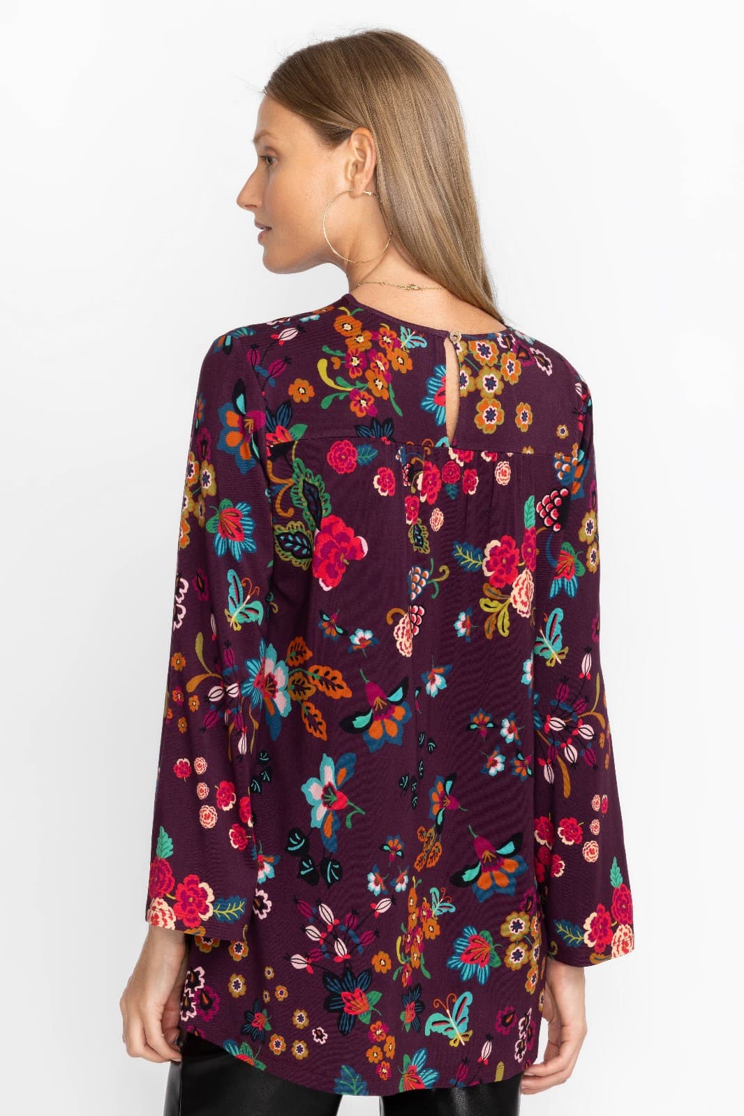 Johnny Was Adrina High Neck Swing Tunic Top Long Bell Sleeve Knit Burgundy Sz.L - Thumbnail 6