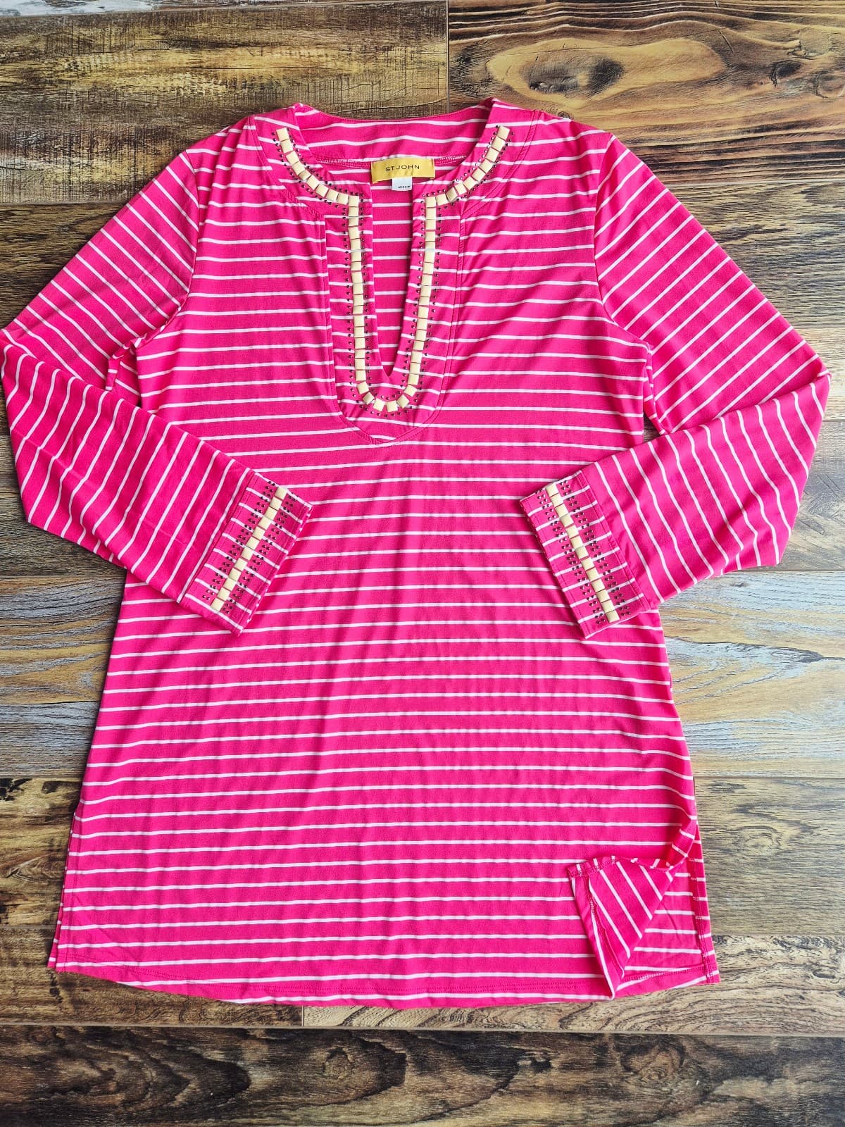 ST. JOHN Silk Blend Studded Beaded Jersey Tunic Top Long Sleeve Stripe Pink Sz.M - Thumbnail 3