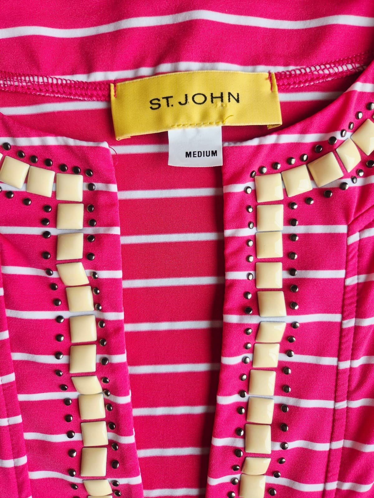 ST. JOHN Silk Blend Studded Beaded Jersey Tunic Top Long Sleeve Stripe Pink Sz.M - Thumbnail 7