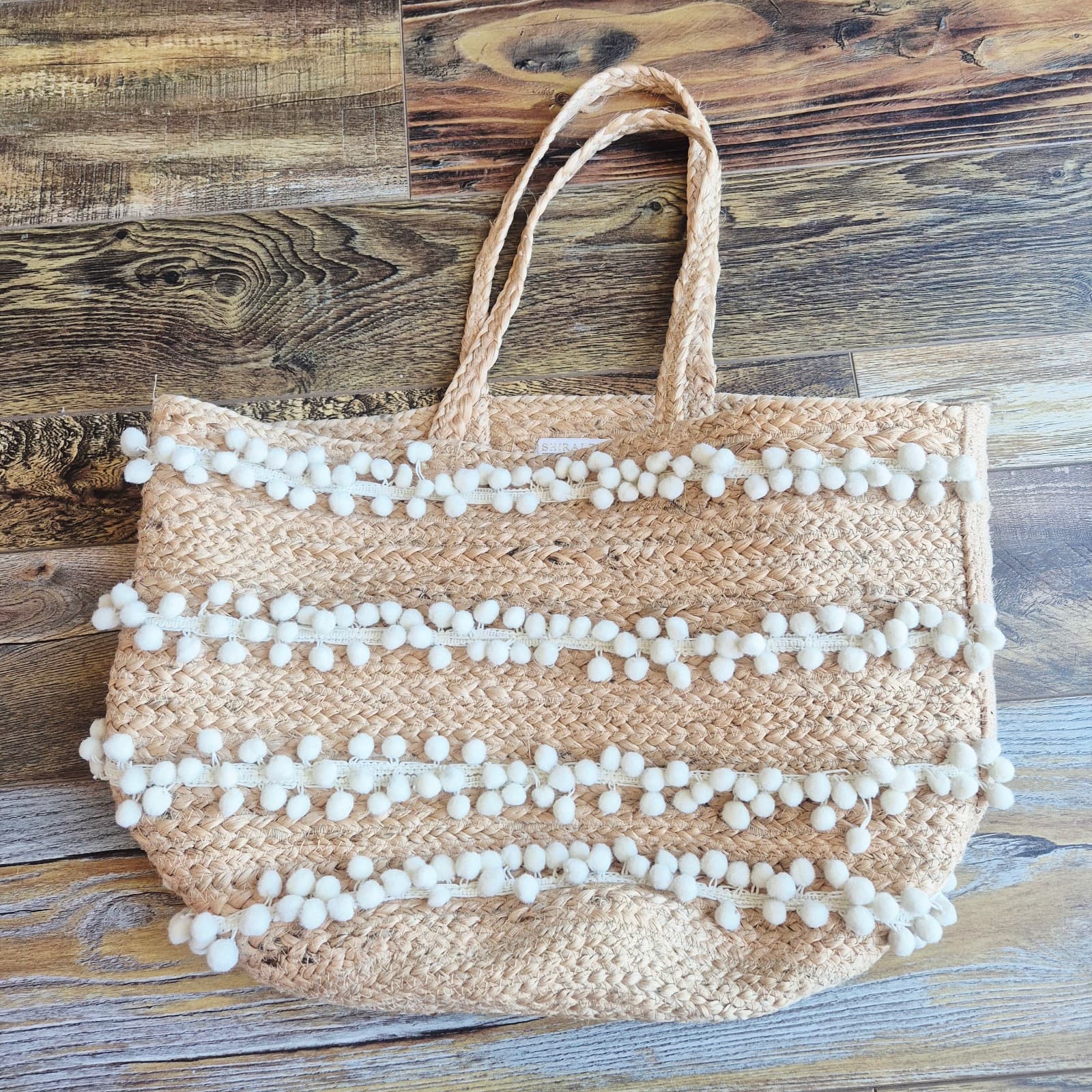 Shiraleah Chicago 100% Jute Summer Beach Tote Bag Horizontal Rows White Pom-Pom - Thumbnail 6