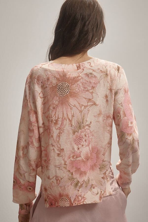 Anthropologie The Dreamer Printed Linen Blend V-Neck Sweater Pink Oversize XS - Thumbnail 7
