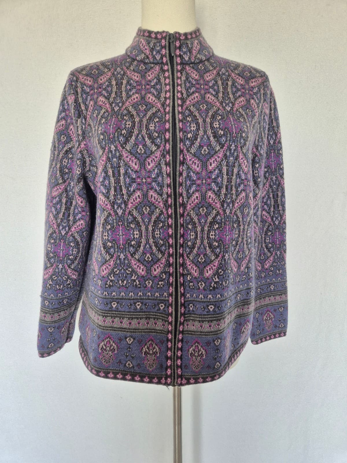 Pendelton Merino Wool Paisley Fair Isle Zip Cardigan Mock Neck Purple Women's L - Thumbnail 4