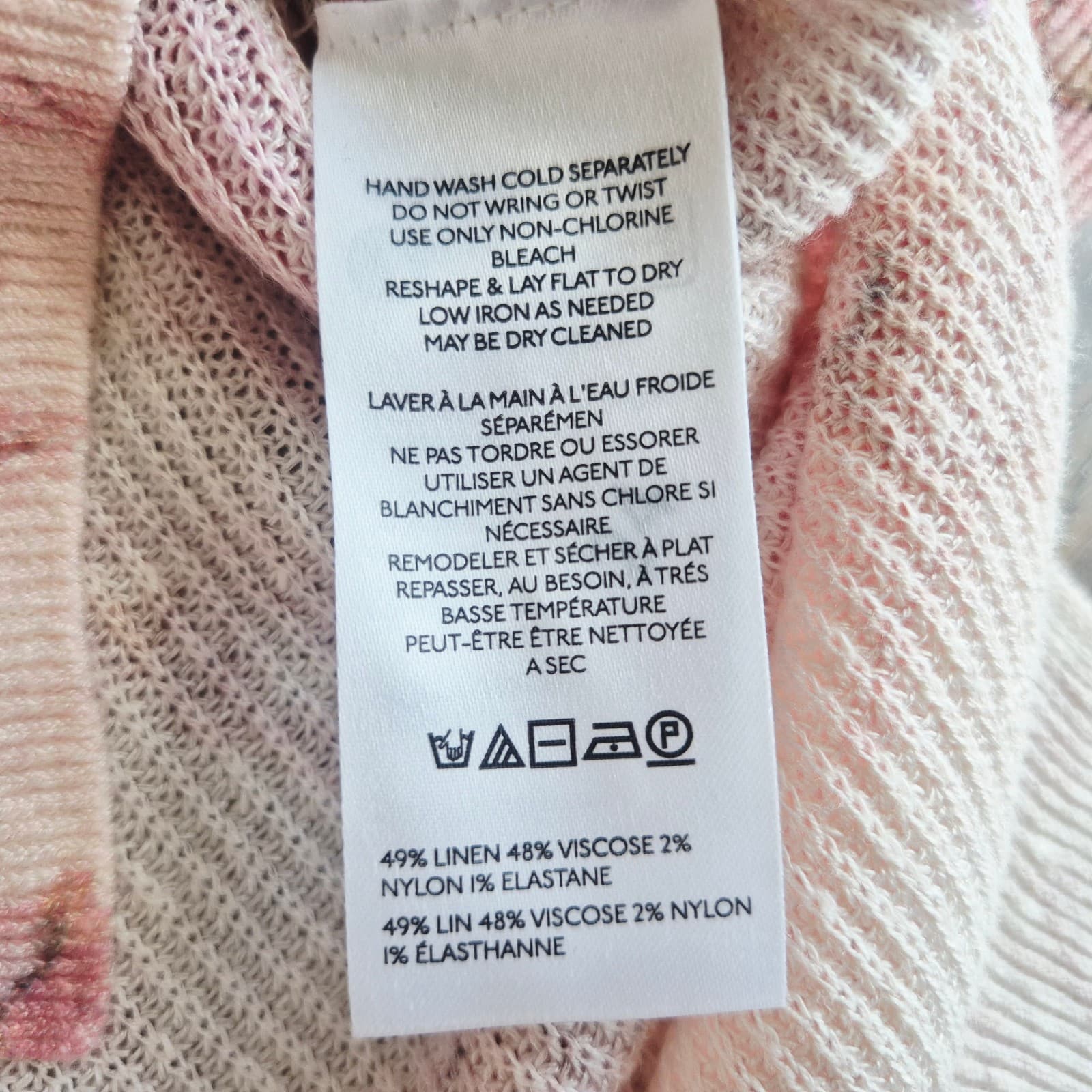 Anthropologie The Dreamer Printed Linen Blend V-Neck Sweater Pink Oversize XS - Thumbnail 11