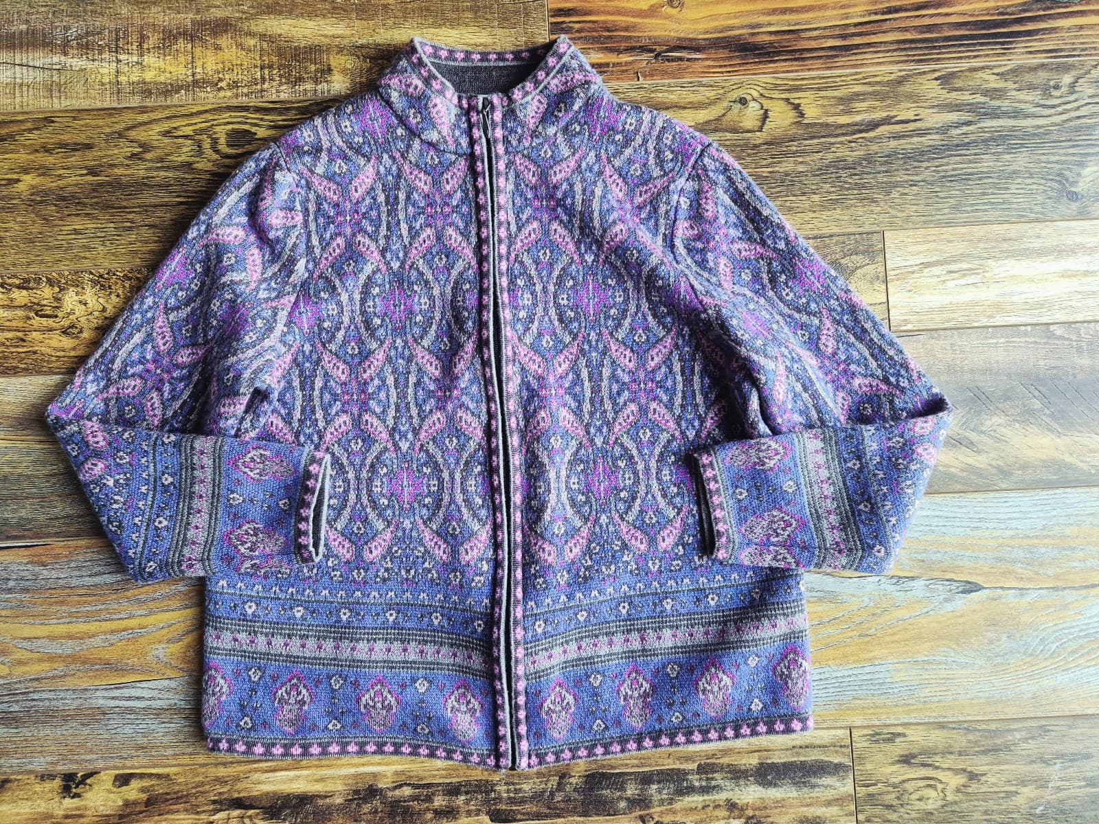 Pendelton Merino Wool Paisley Fair Isle Zip Cardigan Mock Neck Purple Women's L - Thumbnail 8